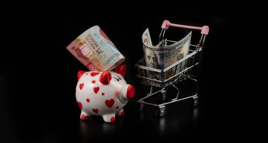 100 Meksika pezosu domuz kumbarasında ve 100 dolar da alışveriş arabasında.