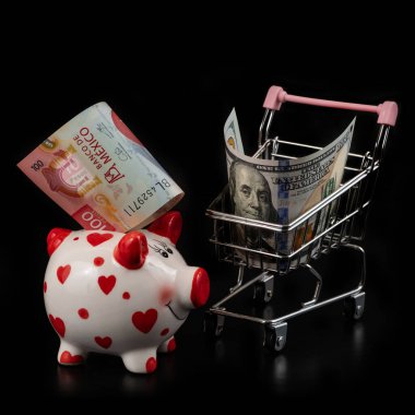 100 Meksika pezosu domuz kumbarasında ve 100 dolar da alışveriş arabasında.