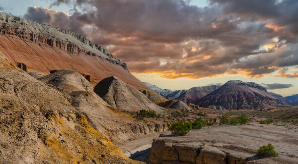 Picturesque clay mountains under dramatic skies in Altyn Emel National Park in southeastern Kazakhstan