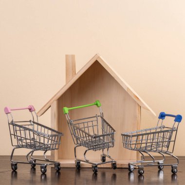 A symbolic wooden house and three empty shopping carts from a supermarket