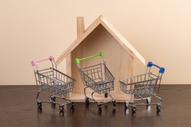 A symbolic wooden house and three empty shopping carts from a supermarket