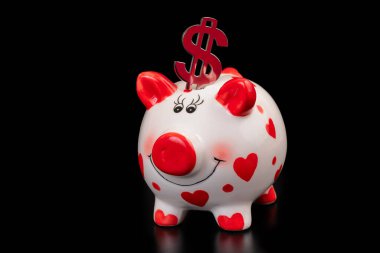 İnsan kalbi ve metal Amerikan doları sembollü domuz kumbarası.