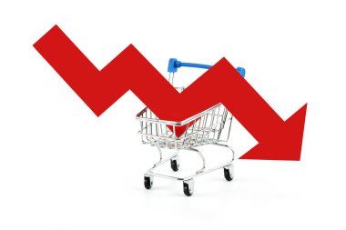 Finansal tablonun kırmızı oku düşüyor ve süpermarketten boş alışveriş arabası geliyor.