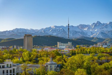 Bir bahar sabahı Kazak şehri Almaty 'nin merkez kısmının bir kuadkopterinden görüntü