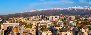Almaty, Kazakistan, 04.20.2025. İlkbahar akşamında Kazak şehri Almaty 'nin yerleşim bölgesinin dört parçalı görüntüsü.