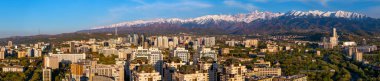 Almaty, Kazakistan, 04.20.2025. İlkbahar akşamında Kazak şehri Almaty 'nin yerleşim bölgesinin dört parçalı görüntüsü.