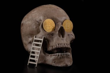 Siyah arka planda insan kafatası şeklinde şifreli Bitcoin sembolü olan sikkeler.
