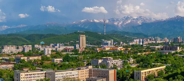 Bir bahar günü Kazak şehri Almaty 'nin merkez kısmının bir kuadkopterinden görüntü