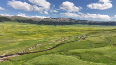 Kazakistan 'ın güneydoğusundaki Almaty bölgesinde bir bahar günü, Asya yüksek dağlık platosu üzerindeki bir nehrin dörtlü görüntüsü.