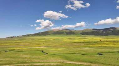 Kazakistan 'ın güneydoğusundaki Almaty bölgesinde bir bahar günü, Asya yüksek dağlık platosu üzerindeki bir nehrin dörtlü görüntüsü.