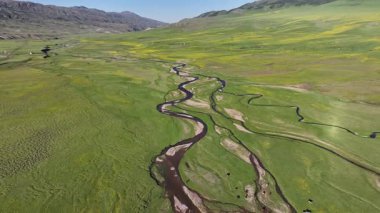 Kazakistan 'ın güneydoğusundaki Almaty bölgesinde bir bahar günü, Asya yüksek dağlık platosu üzerindeki bir nehrin dörtlü görüntüsü.