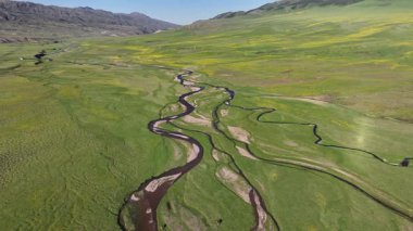 Kazakistan 'ın güneydoğusundaki Almaty bölgesinde bir bahar günü, Asya yüksek dağlık platosu üzerindeki bir nehrin dörtlü görüntüsü.