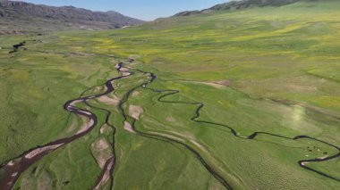 Kazakistan 'ın güneydoğusundaki Almaty bölgesinde bir bahar günü, Asya yüksek dağlık platosu üzerindeki bir nehrin dörtlü görüntüsü.