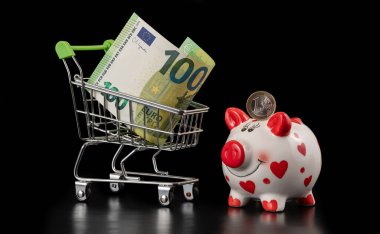 1 Euro, bir domuz kumbarası ve bir süpermarket alışveriş arabasında 100 Euro.