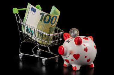 1 Euro, bir domuz kumbarası ve bir süpermarket alışveriş arabasında 100 Euro.