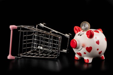 1 Avro para, kumbara ve boş alışveriş arabası.