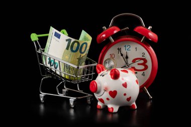 1 Avro sikke, bir domuz kumbarası ve bir süpermarket alışveriş arabasında 100 Avro 'luk bir banknot ve bir çalar saat.