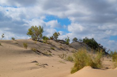 Güneydoğu Kazakistan 'daki Almaty bölgesinin çöl bölgesinde kum tepesi ve bulutlu bir gökyüzü..