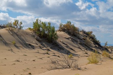 Güneydoğu Kazakistan 'daki Almaty bölgesinin çöl bölgesinde kum tepesi ve bulutlu bir gökyüzü..