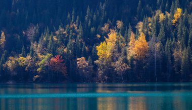 Güneydoğu Kazakistan 'daki Trans-Ili Alatau Dağları' ndaki Resimli Göl Issyk manzarası bir sonbahar sabahı