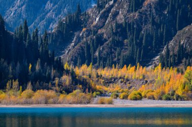 Güneydoğu Kazakistan 'daki Trans-Ili Alatau Dağları' ndaki Resimli Göl Issyk manzarası bir sonbahar sabahı