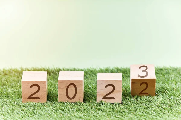 立方体从2022年到2023年在草地上生长 新年的概念 年度变动情况 — 图库照片