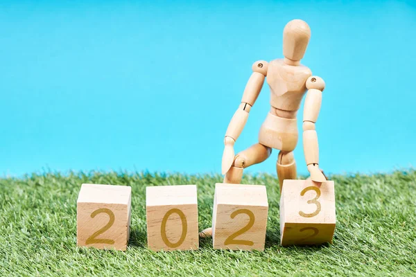 2022年至2023年 杜米在草地上穿过立方体 新年的概念 年度变动情况 — 图库照片