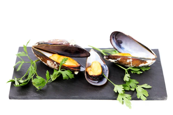 Steamed Mussels Parsley Slate White Background Shell Food Healthy Food — Stock Photo, Image