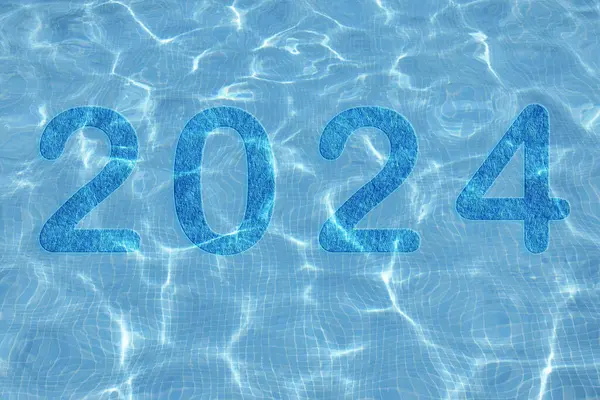 2024 Αριθμός 2024 Στο Νερό Της Πισίνας Φόντο Καλή Χρονιά Φωτογραφία Αρχείου