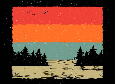 Retro Sunset . 70 'ler Biçimli Grunge Çizgili Günbatımı Ormanı Manzarası Geçmişi