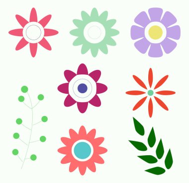 Retro Groovy Çiçekler ve Yapraklar. Hippi Biçiminde Farklı Doodle Çiçekleri Koleksiyonu