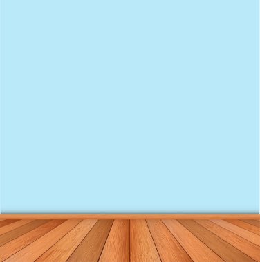 İçi boş mavi duvar ve ahşap zemin olan gerçekçi bir oda.