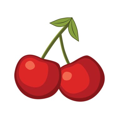 Yeşil Yapraklı İki Kırmızı Kiraz Simge Vektörü İllüstrasyonu
