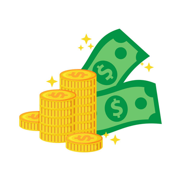 Пачки золотых монет и зеленых долларовых векселей с блестками