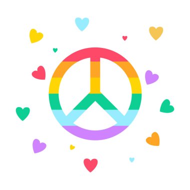 Gökkuşağı Barış İşareti Çevrelenmiş Yüzen Kalpler LGBTQ Birlik ve Uyumu Sembolize ediyor
