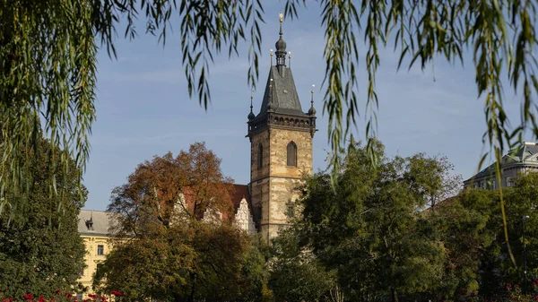晴れた秋の日に公園から見て プラハの新しい町役場の塔の眺め — ストック写真