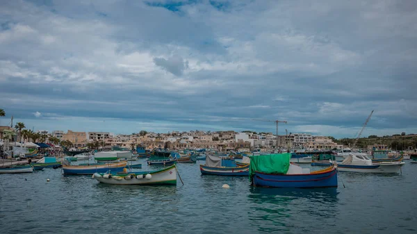 Luzzu Typical Fishing Boats Malta Moored Marina Marsaxlokk Autumn Day — Stock Photo, Image