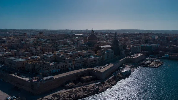 Panorama Drones Aéreos Cidade Valletta Malta Dia Ensolarado Com Vistas — Fotografia de Stock
