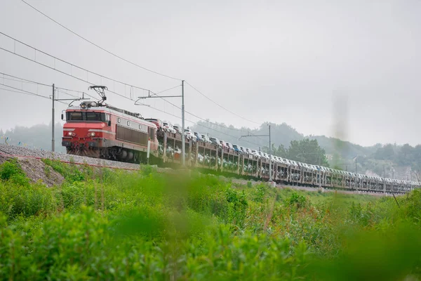 Vlak Převážející Auta Dlouhý Nákladní Vlak Velkým Nákladem Moderních Suv — Stock fotografie