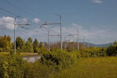 Güzel yemyeşil bitki örtüsü arasında yeni bir demiryolu hattındaki modern katenareri ya da kablo hattı..