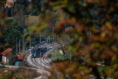Tren vagonlu modern yolcu EMU treni bir yaz günü Rimske top bitleri tren istasyonundan hızla geçecek. Trenin yaprakları arasından uzaklara bakıyorum..
