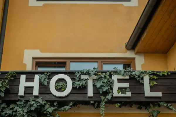 Написання Або Листи Готелю Покриті Зеленим Листям Готельний Комерційний Знак — стокове фото