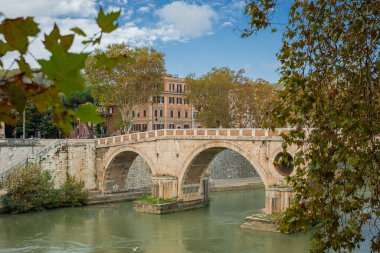 Roma 'daki Tevere nehri üzerinde güzel bir köprü ya da Ponte Sisto. Yeşilliklerin ve yaprakların arkasına saklanan köprü. Mavi gökyüzü olan bir yaz ya da sonbahar gününde..