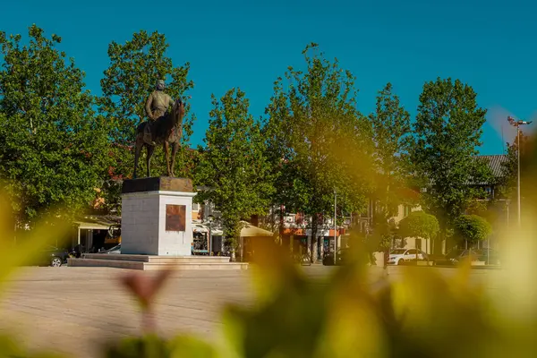 在一个阳光灿烂的日子里 黑山Niksic市中心的Trg Slobode或自由广场上的雕像 城市中心被树木和树叶环绕的平坦的空地 图库照片
