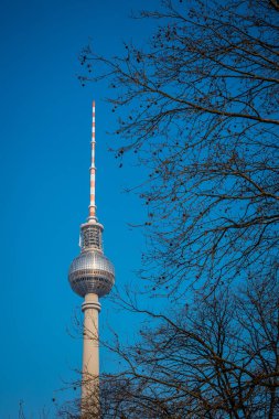 Berlin 'de televizyon kulesi, Alexanderplatz meydanında açık bir bahar gününde. Berlin, Almanya 'da önemli bir yüksek bina. Ağaçların arasında saklanan bir yandan bakıyorum.