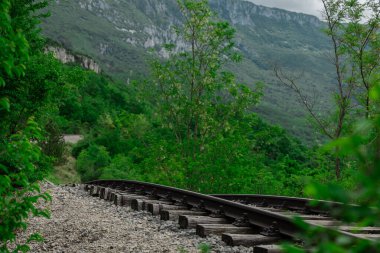 Hırvatistan 'ın Istria kentinde Pijana Pruga veya sarhoş demiryolu. İhmal edilmiş bir tren yolu ve yatak, deforme olmuş raylar, toprak kayması ya da zavallı toprak tabanı tarafından yıkanmış.