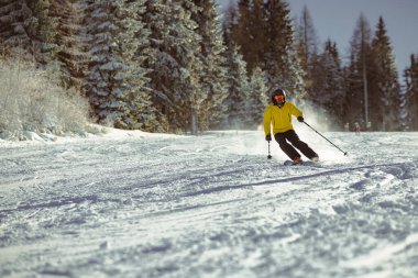 Young person in fashionable clothes is skiing towards the camera on a ski slope on a sunny day. Carve or carving on ski piste, perfect weather, strong backlight.