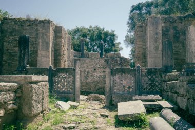 Yunanistan 'ın Olympia antik sahasında güneşli bir günde alınan farklı sütunlar veya sütunlardan oluşan arkeolojik harabelerin manzarası