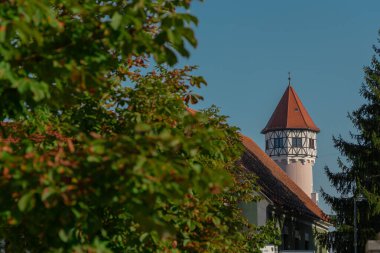 Slovenya 'nın Brezice kentinde ağaçlar ve yapraklarla çevrili eski su kulesi. Brezice City Center 'da güzel bir ortaçağ kulesi