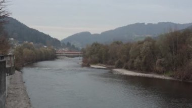 Savinja nehri sonbaharın başlarında Celje 'den Lasko şehrine akar. Görünür kahverengi ağaçlar, arkada nehir ve köprü. Kahverengi sonbahar hissi, soğuk.